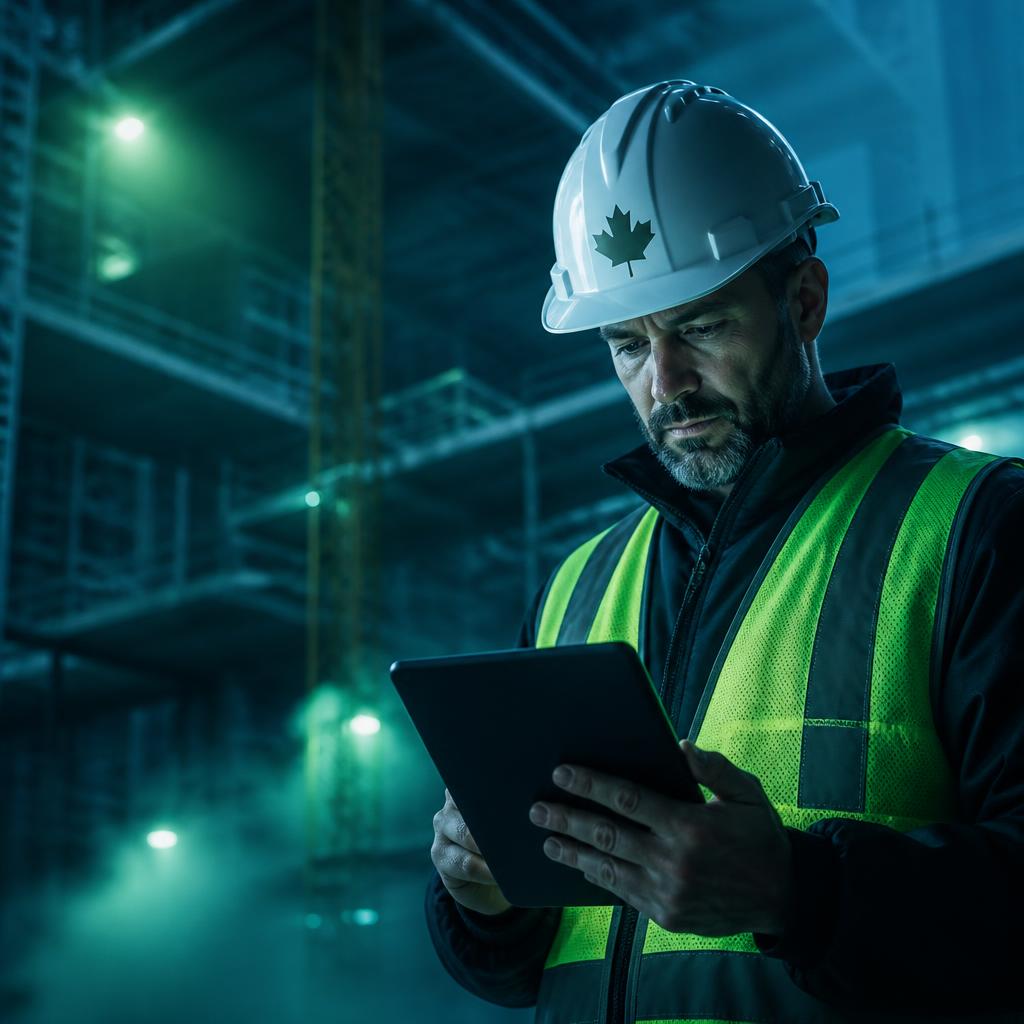 Construction professional reviewing digital plans on a tablet at a Canadian jobsite